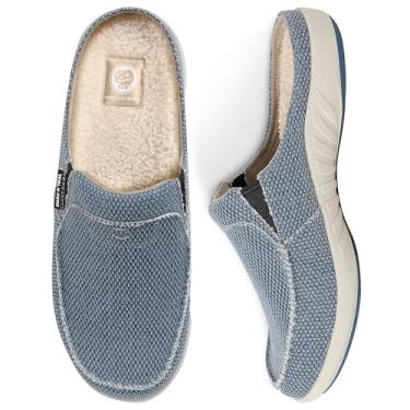 Imagem de Pantufas masculinas com suporte de arco, chinelo de lona para casa masculino com forro de veludo, sapato para usar em casa com sola de borracha antiderrapante para uso interno e externo,