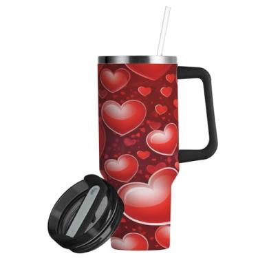 Imagem de ATTX Copo de corações vermelhos de 850 g com alça, copo de aço inoxidável a vácuo de parede dupla com palha, caneca de café de viagem isolada #159
