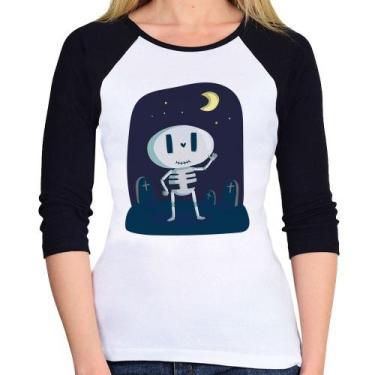 Imagem de Baby Look Raglan Esqueleto Manga 3/4 - Foca na Moda, Branco, Preto, GG