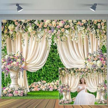 Imagem de Pano de fundo floral para casamento, 25,4 x 2,3 m, cortina branca para decoração de mesa de bolo de casamento, casamento, casamento, festa, decoração de bolo, cabine de fotos, estúdio, decoração de