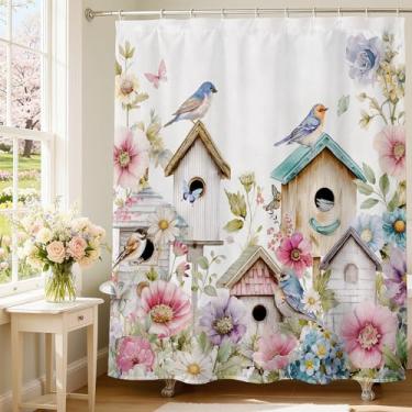 Imagem de Mocsicka Cortina de chuveiro de pássaros, cortinas de chuveiro de flores para banheiro, casa de pássaro, decoração de banheiro, estética, cortina impermeável para banheira, lavável (branca, 180 x 180