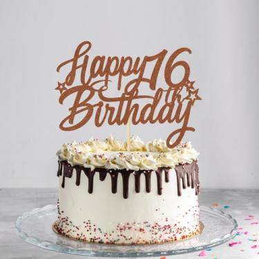 Imagem de Topo de bolo de feliz aniversário de 16 anos com glitter marrom - brinde a festas temáticas de 16 anos, 16 festas temáticas fabulosas, decorações de bolo de festa temática feliz aniversário de 16 anos