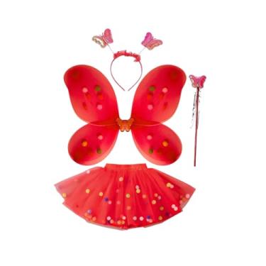 Imagem de Conjunto de 4 peças de fantasia de fada de borboleta LED princesa cosplay com asas, saia tutu, varinha (Conj 4pç Infantil Verm Pompom, Tamanho Único)