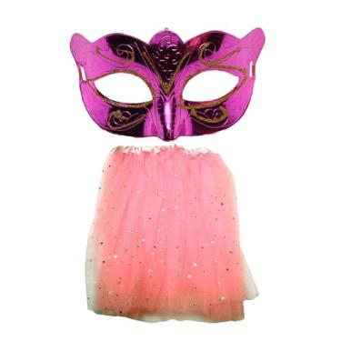 Imagem de Kit Fantasia de Carnaval Máscara Rosa Com Saia Tule Rosa