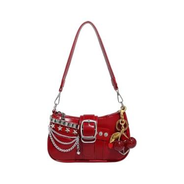 Imagem de QWINEE Bolsa de ombro feminina cravejada Y2k Bolsa clutch de couro vintage fivela bolsa axila, Vermelho liso, One Size, Macio