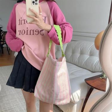 Imagem de Bolsa de lona listrada, bolsa de ombro colorida com alça texturizada, bolsa feminina espaçosa, rosa