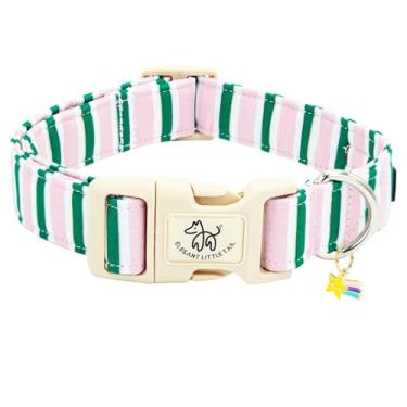 Imagem de Elegant little tail Coleira de cachorro, rosa fofo com estampa de faixa verde, coleira macia de algodão ajustável para filhotes de cachorro para meninas ou meninos com fivela de liberação rápida para
