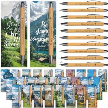 Imagem de 50 conjuntos de canetas de versículo bíblico cristão presentes a granel com marcadores de livro, canetas de madeira de bambu, tampa, orações, mulheres, igreja, grupo, favores, escrituras