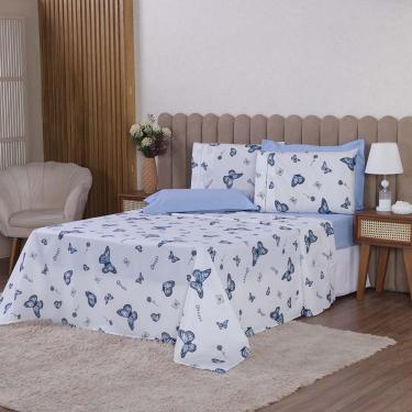 Imagem de Jogo de Lençol Beatriz Solteiro 3 Peças Percal 180 Fios 100% Algodão Ponto Palito - Azul Borboleta