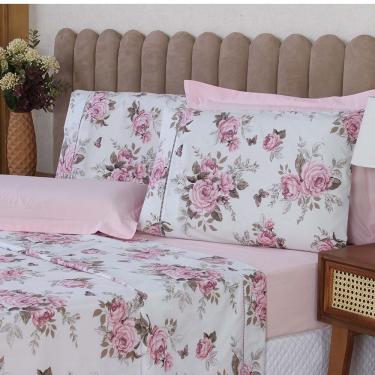 Imagem de Jogo de Lençol Beatriz Queen 4 Peças Percal 180 Fios 100% Algodão Ponto Palito - Rosa Floral