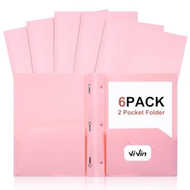 Imagem de ViVin Pasta de plástico resistente com bolsos, pacote com 6, pastas resistentes de dois bolsos com 3 pinos, comporta papel tamanho carta, pastas de arquivo com slot para cartão de visita para escola