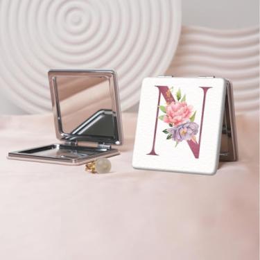 Imagem de Espelho de maquiagem portátil Flower Alphabet Series, mini espelho portátil dobrável, espelho de contorno quadrado portátil de dupla face, adequado para todos em qualquer ocasião