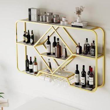 Imagem de Rack de vinho de armazenamento de cozinha montado na parede com suporte de vidro Prateleiras de armário de bebidas - Rack de vidro de vinho suspenso e prateleira de exibição móveis de bar doméstico