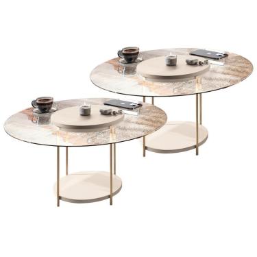 Imagem de Kit 02 Mesas De Centro Para Sala Redonda Tampo Vidro Pés Aço Allure B01 Off White - Lyam Decor