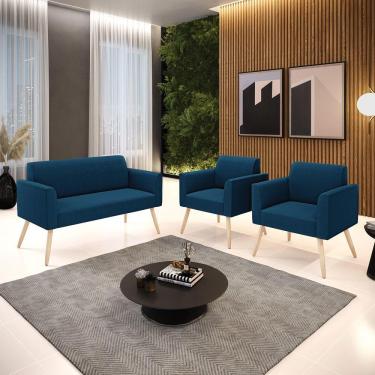 Imagem de Namoradeira E 2 Poltronas Pé Palito Natural Marisa Bouclê Cor Azul