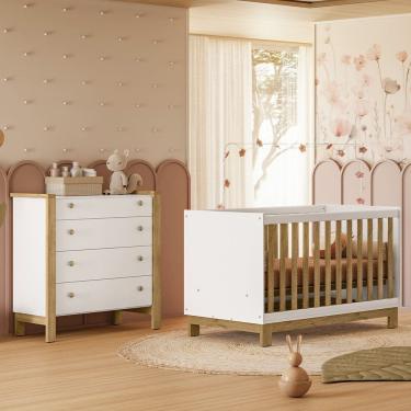 Imagem de Quarto de Bebê com Berço Mini Cama Slim e Cômoda Flora Branco Freijó Qmovi