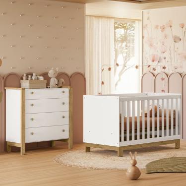 Imagem de Quarto de Bebê com Berço Mini Cama Slim e Cômoda Flora Branco Acetinado Qmovi