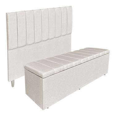 Imagem de Kit Cabeceira E Calçadeira Recamier Baú Queen 1,60m Holanda Linho - Pallazio Cor Bege