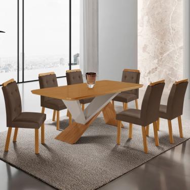 Imagem de Mesa De Jantar Yasmin 180cm Tampo Mdf Com 6 Cadeiras Carol Veludo Marrom/naturale/off White