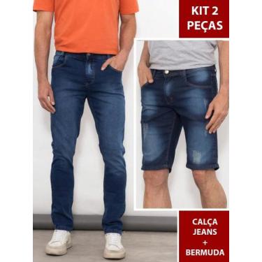 Imagem de Kit 2 Peças Masculino Calça Jeans Slim Azul + Bermuda Jeans Azul Escur