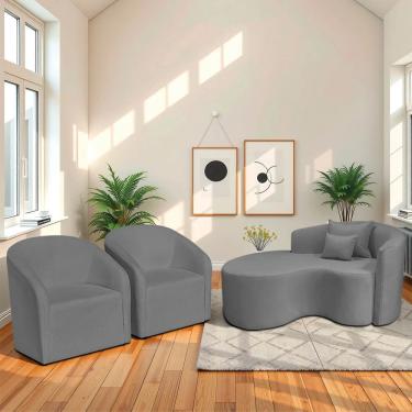 Imagem de Kit Recamier Curvo Sala De Estar Inglaterra 150cm Lado Esquerdo E 2 Poltronas Orgânica Luxo Luiza Max Bouclé Cinza