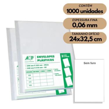 Imagem de Envelope Saco Plástico Ofício Acp 0,06mm Sem Furos C/1000