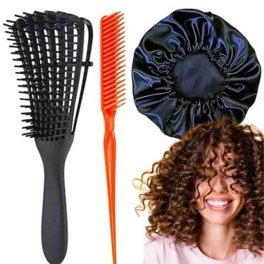 Imagem de Escova Para Cachos Polvo + Pente 3 Fileiras + Touca De Cetim Aleatória