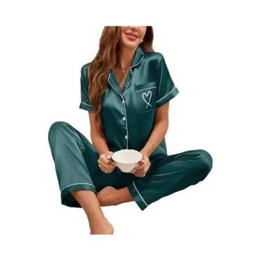 Imagem de Conjunto De Pijama De Seda Para Mulheres Com Manga Longa, Bolso E Bord