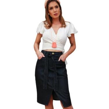 Imagem de Saia Jeans Curta com Fenda Frontal - Maria Poá, Azul marinho, G - 42