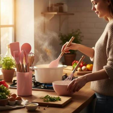 Imagem de Conjunto de Utensílios de Silicone 8 Peças Rosa Resistente Cozinha Ant