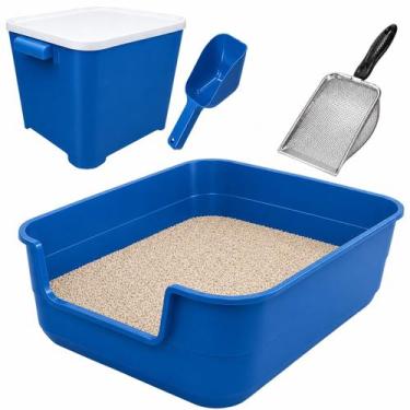 Imagem de Kit Caixa Areia Jumbox Azul Pa Inox Container 6kg Racao Gato - EINSTOK