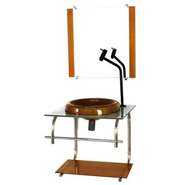 Imagem de GABINETE DE VIDRO 40CM INOX MARMORE BRANCO DOURADO COM TORNEIRA METAL PRETA