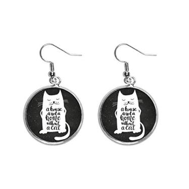 Imagem de Brinco de prata com citação Cat In Home preto e branco, joia feminina