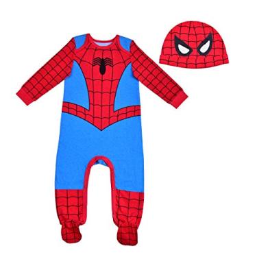 Imagem de Marvel Conjunto de macacão e chapéu de manga comprida do Homem-Aranha para recém-nascidos e bebês – Azul/Vermelho, Vermelho, 6 Meses