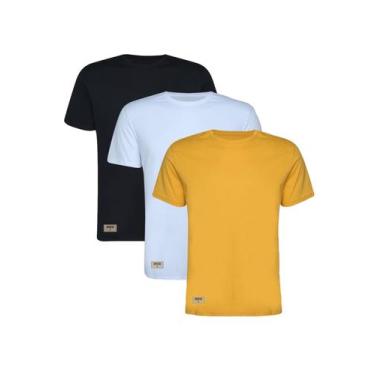 Imagem de Kit 3 Camisetas Basicas Preto, Branco E Amarelo Masculina 100% Algodão