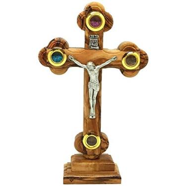 Imagem de Cruz autêntica de madeira de oliveira com solo de incenso sagrado feito à mão na terra santa crucifixo de Belém Jesus Jerusalém nome esculpido