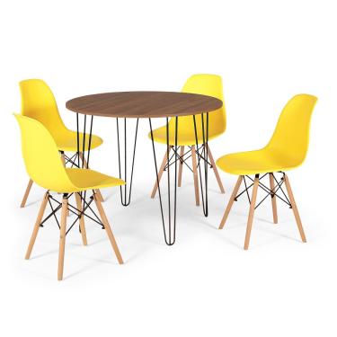 Imagem de Conjunto Mesa de Jantar Redonda Hairpin 90cm Natural com 4 Cadeiras Eames Eiffel - Amarelo