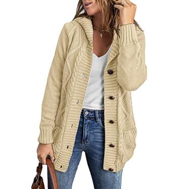 Imagem de Cardigã feminino com capuz frente aberta suéter de tricô de cor sólida casacos longos de manga longa solta com bolsos, 15, M