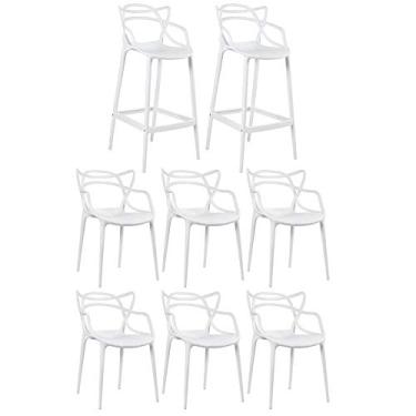 Imagem de Loft7, Kit 6x Cadeiras + 2x Banquetas Altas Masters Allegra, Polipropileno, Área Gourmet, Sala de Estar, Jantar, Cozinha e Comercial - Branco