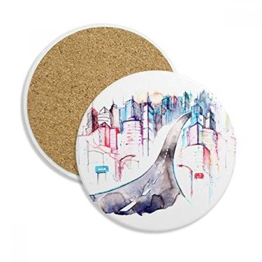 Imagem de Caneca de porta-copos de aquarela City Building Highway Streetlight com proteção de mesa, pedra absorvente
