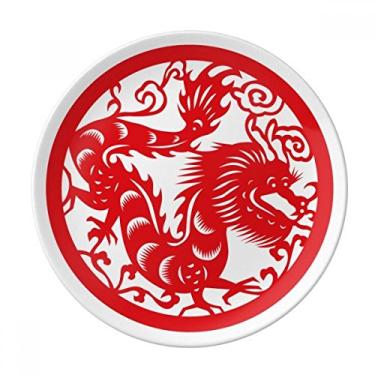 Imagem de Prato de arte de dragão animal chinês zodíaco cortado em papel decorativo de porcelana salver louças de jantar