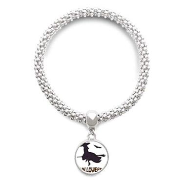 Imagem de DIYthinker Witches Ride Broomsticks Bat Halloween prata pulseira pingente joia corrente ajustável