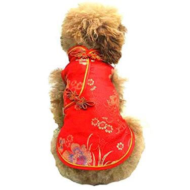 Imagem de Fantasia de animal de estimação Yu-Xiang, traje de cachorro, roupas de cetim Cheongsam, roupas de estilo chinês para cães, saia, filhotes, gatos, vestidos, colete de cachorro (vermelho, M)
