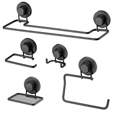 Imagem de Kit de 5 Acessórios Preto para Banheiro Suportes com Ventosa Papeleira Toalheiro Saboneteira Gancho