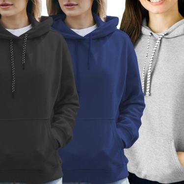 Imagem de Kit 3 Blusas Moletom Canguru com Capuz Liso Sem Estampa Feminino Juvenil-Feminino