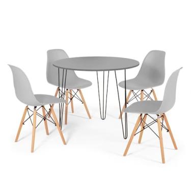 Imagem de Conjunto Mesa de Jantar Redonda Hairpin 90cm Volpi com 3 Pés + 4 Cadeiras Eames Eiffel - Cinza