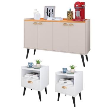 Imagem de Kit Casa Completa 2 Mesas Cabeceira Estilo Mesinhas Lateral Cama Aparador Buffet Kiev Cantinho Café Cozinha Sala Estar - RPM Móveis (Branco | Off White/Cinamomo)