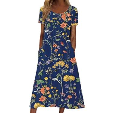 Imagem de Vestidos plus size para mulheres boho floral estampado vestido longo manga curta vestido casual solto vestido maxi vestido vintage (Z1-BU1, XXL)