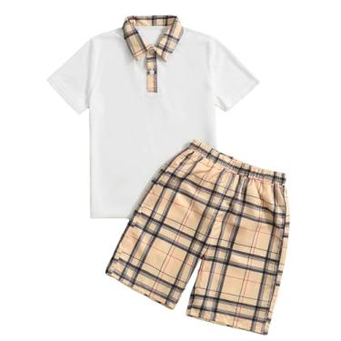 Imagem de OYOANGLE Conjunto de 2 peças de camisas de manga curta e shorts de cintura elástica com estampa xadrez e botões frontais para meninos, Cáqui branco, 11-12Y