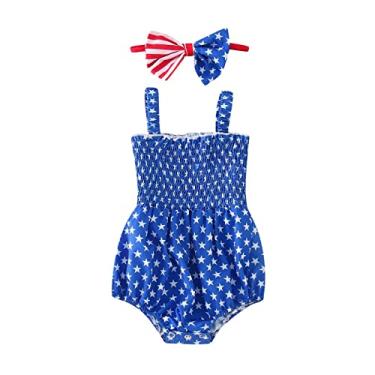 Imagem de Macaquinho infantil sem mangas Dia da Independência com estampa de estrelas para recém-nascidos com faixa de cabeça para bebê, 2 peças, Azul, 6-9 Months